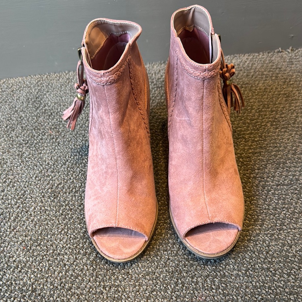 Qupid Pink Peep-Toe Ankle Booties with Chunky Heel